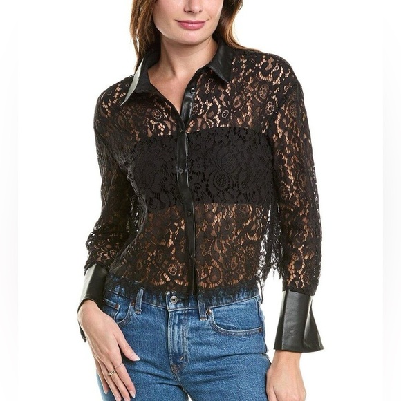 laundry by shelli segal black lace long sleeve blouse button down - Picture 1 of 4